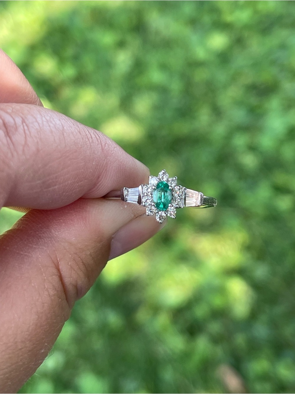 Emerald and White Zircon Halo Ring